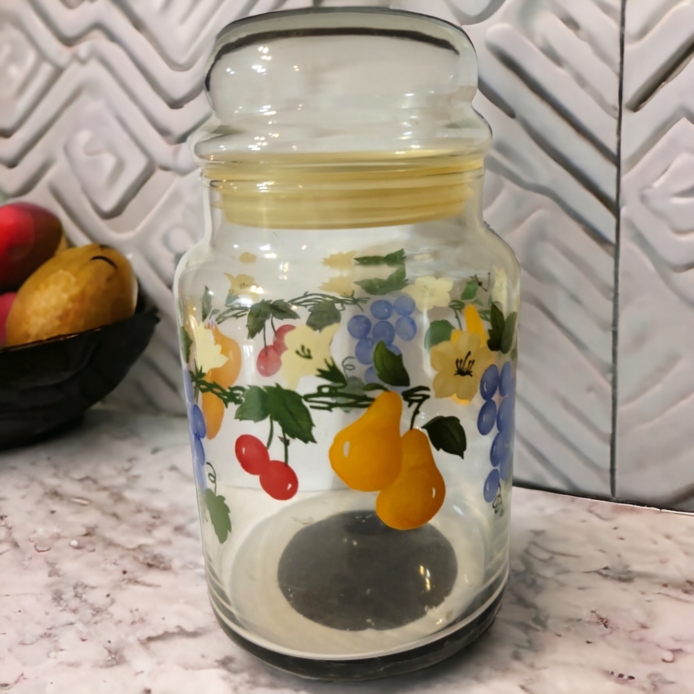 Vtg 80s Glass Canister Jar Lidded Fruit Motif Pears Grapes Cherries Apothecary